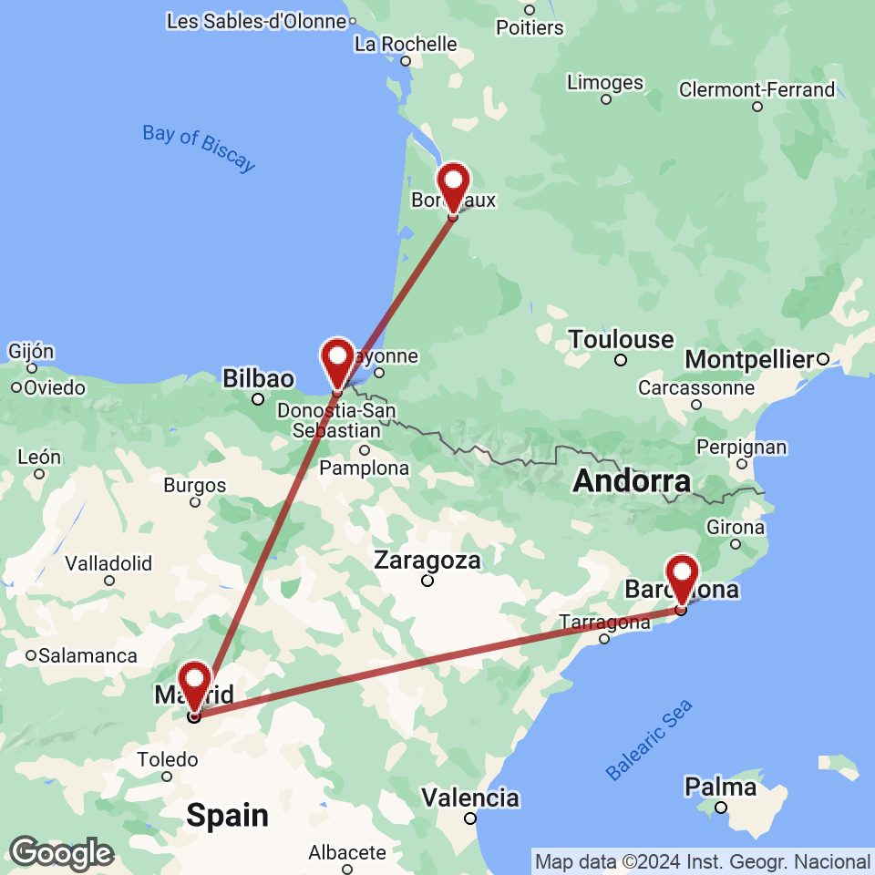 Route for Barcelona, Madrid, San Sebastian, Bordeaux tour